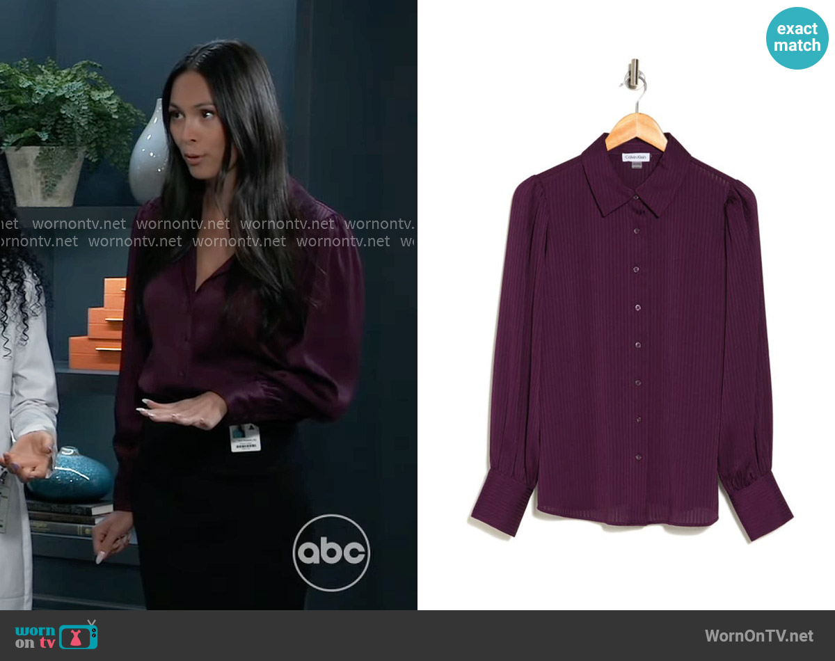 Calvin Klein Striped Shirt in Aubergine worn by Terry Randolph (Cassandra James) on General Hospital