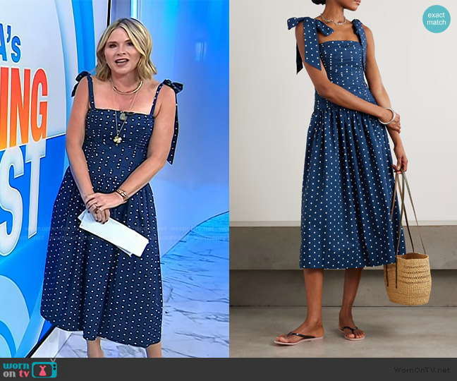 Cara Cara Rahi tie-detailed ruched gathered polka-dot cotton midi dress worn by Jenna Bush Hager on Today