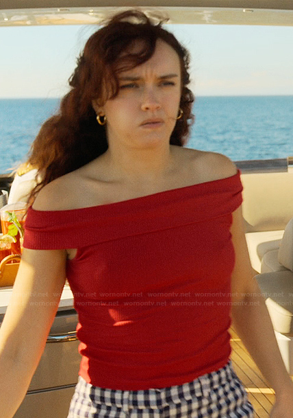 Cherry’s red ribbed off shoulder top on The Girlfriend