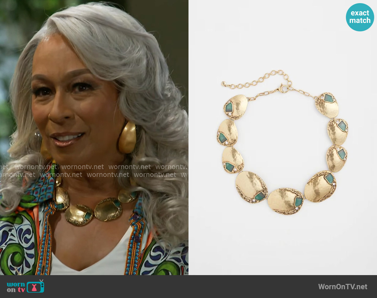 Chicos Aqua & Gold Collar Necklace worn by Anita Dupree (Tamara Tunie) on Beyond the Gates