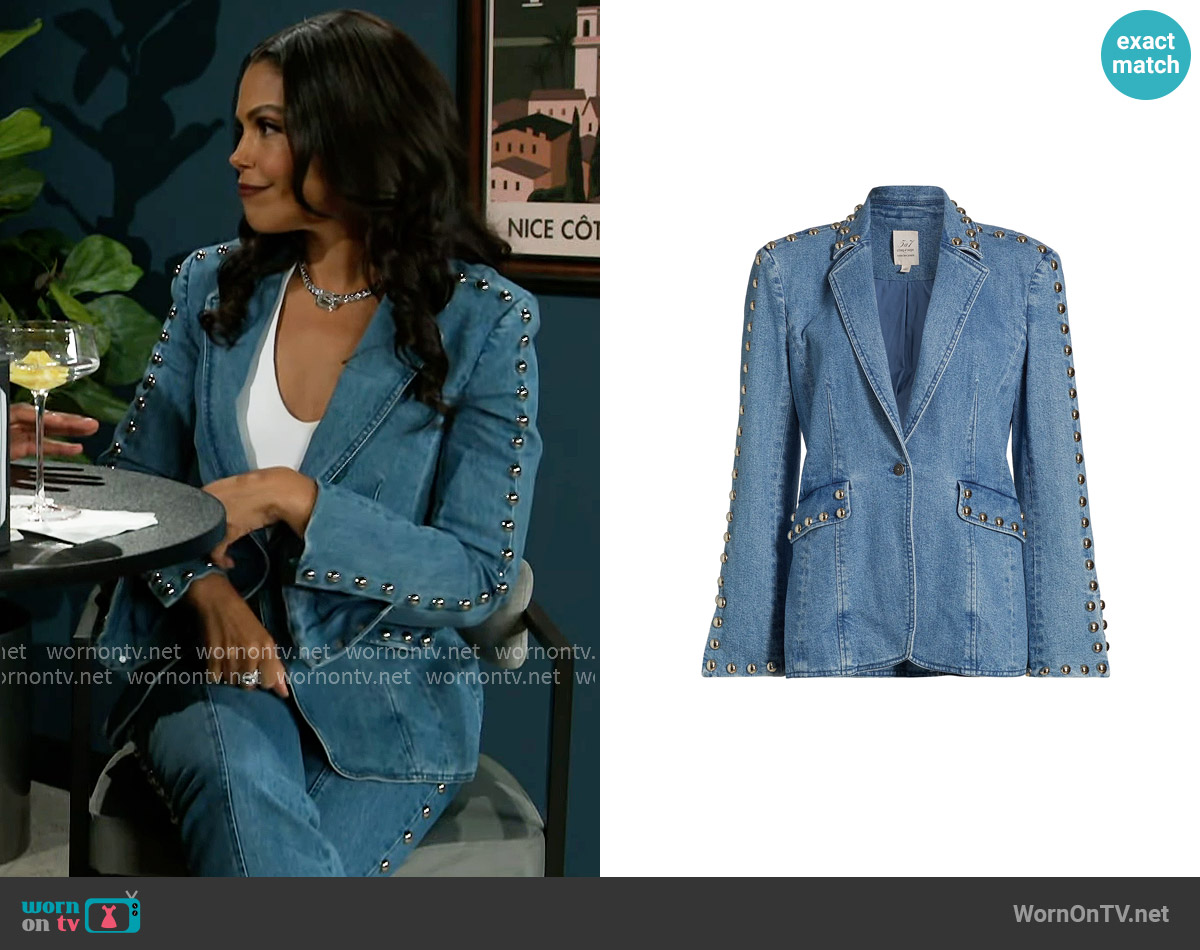 Cinq a Sept Milly Studded Denim Jacket in Blue Haze worn by Dani Dupree (Karla Mosley) on Beyond the Gates