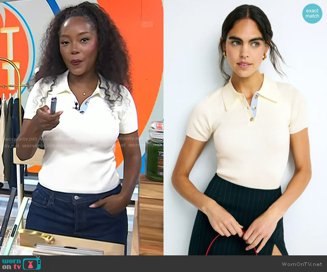 Claudie Pierlot Ribbed Knit Polo in White worn by Makho Ndlovu on Today