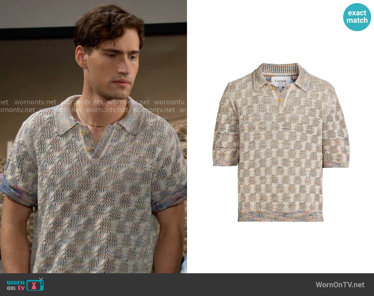 Corridor Cable Lace Open Knit Polo Sweater worn by Deke (Harrison Cone) on The Bold and the Beautiful