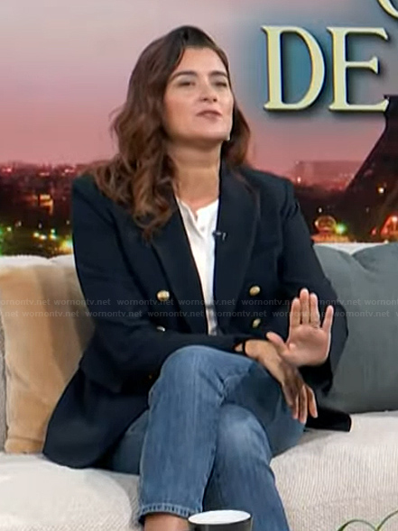 Cote de Pablo’s navy double breasted blazer on Access Hollywood