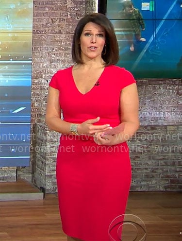 Dana Jacobson’s red v-neck dress on CBS Mornings