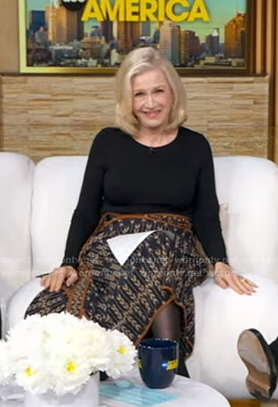 Diane Sawyer’s navy print wrap skirt on Good Morning America