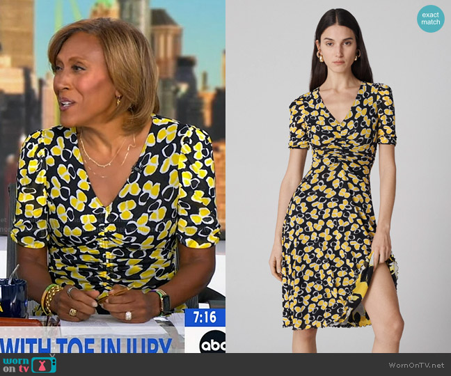 Diane von Furstenberg Koren Reversible Mesh Dress in Tiny Paper Sun Yellow and Egon's Floral Yellow worn by Robin Roberts on Good Morning America