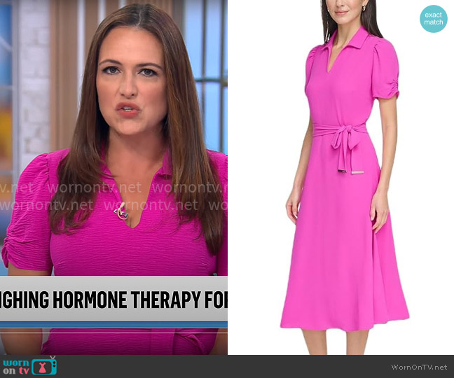 DKNY Short Sleeve Tie Fit & Flare Midi Dress worn by Nikki Battiste on CBS Mornings