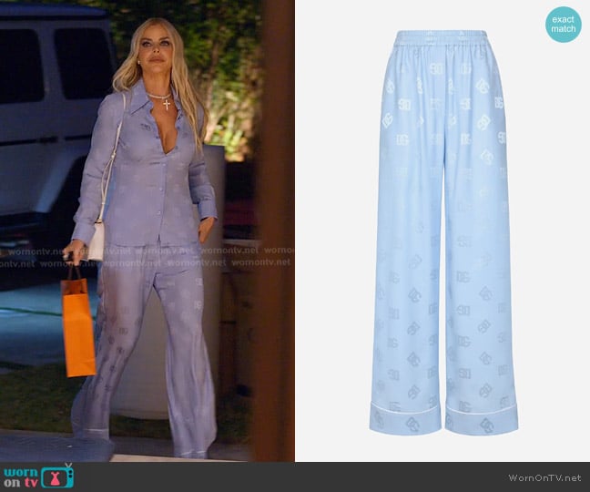 Dolce & Gabbana Silk Jacquard Pajama Pants with All-over DG Logo in Light Blue worn by Alexia Echevarria (Alexia Echevarria) on The Real Housewives of Miami
