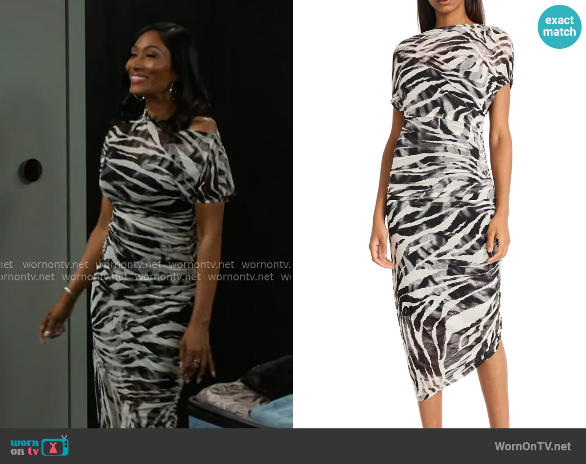 Donna Morgan for Maggy Asymmetric Ruched Midi Dress worn by Dana 'Leslie' Thomas (Trisha Mann-Grant) on Beyond the Gates