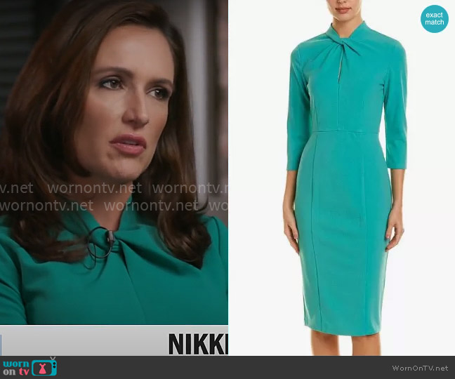 Donna Morgan Stretch Crepe 3/4 Sleeve Twisted Neckline Sheath Dress in Sea Green worn by Nikki Battiste on CBS Mornings