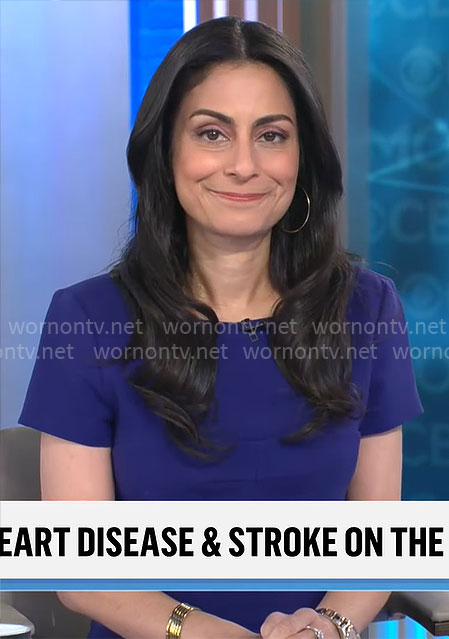 Dr. Celine Gounder’s purple short sleeve dress on CBS Mornings