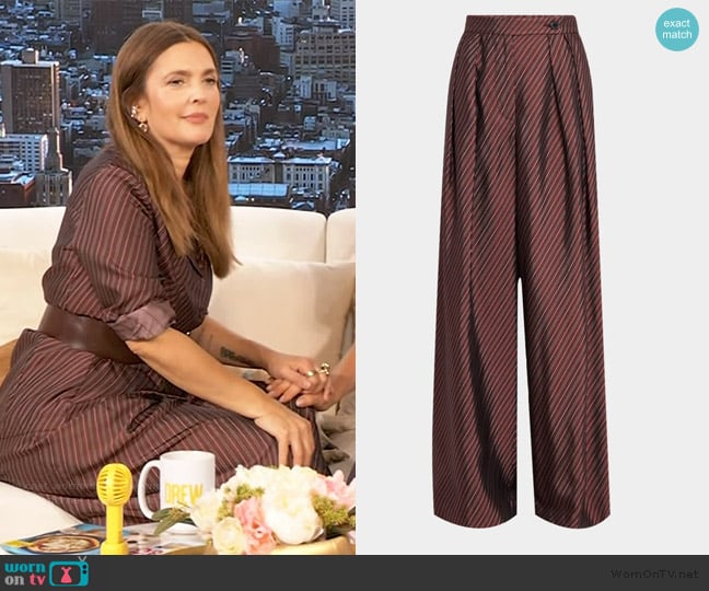 Dries Van Noten Pamplona Striped Pleated Wide-Leg Pants worn by Drew Barrymore on The Drew Barrymore Show