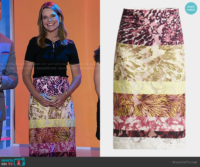 Dries Van Noten Stan Mixed Print Midi Skirt in Burgundy worn by Savannah Guthrie on Today