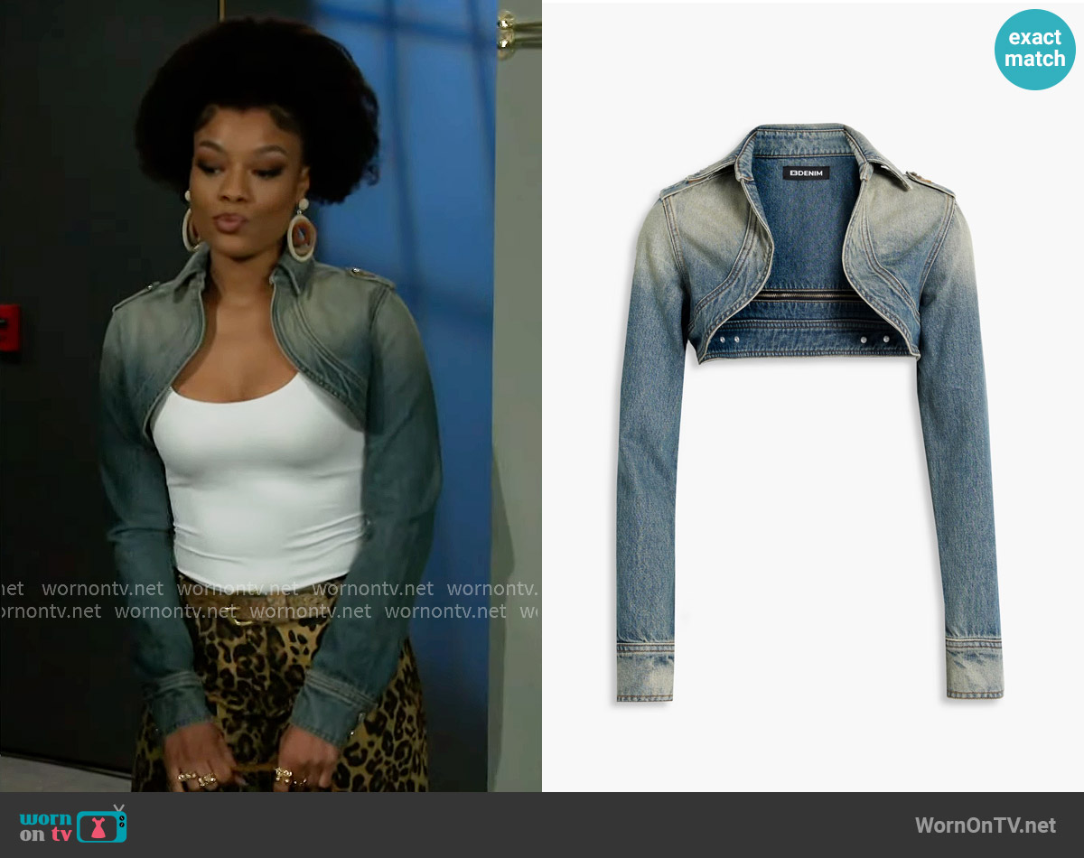EB Denim Faded Denim Bolero worn by Eva Thomas (Ambyr Michelle) on Beyond the Gates