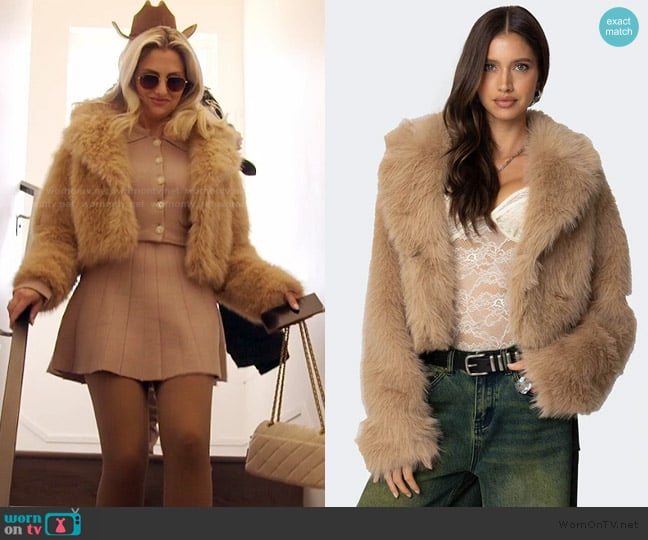 Edikted Sierra Oversized Faux Fur Jacket worn by Gina Kirschenheiter on The Real Housewives of Orange County