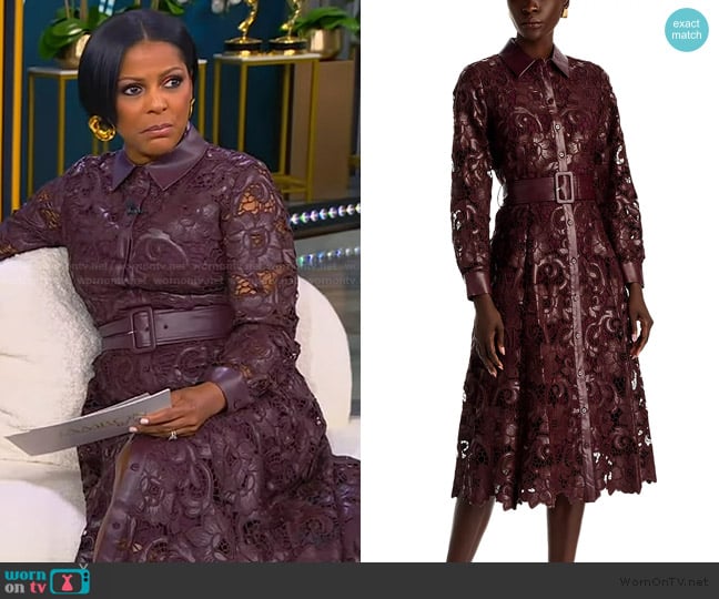 Elie Tahari Chayenne Faux Leather Lace Midi Dress worn by Tamron Hall on Tamron Hall Show