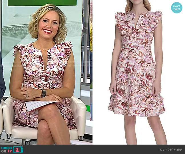 Eliza J Split V Neck Ruffle Trim Printed Poplin Shift Dress worn by Dylan Dreyer on Today