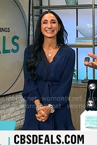 Elizabeth Werner’s navy v-neck dress on CBS Mornings