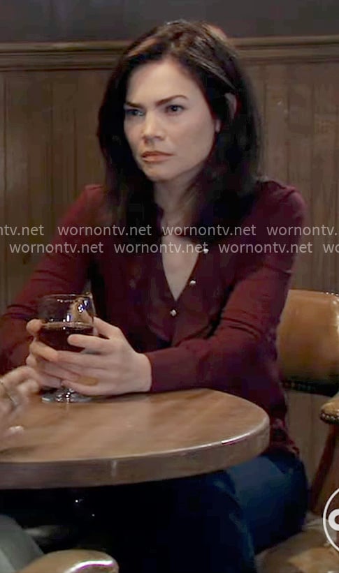 Elizabeth’s burgundy ruffled blouse on General Hospital