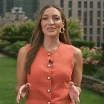 Emily’s coral button vest on Access Hollywood