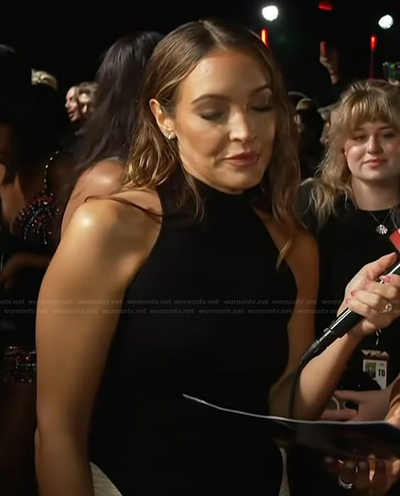 Emily’s black colorblock ruched dress on Access Hollywood