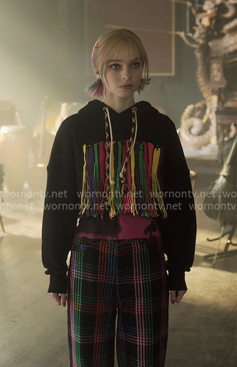 Enid’s fringed hoodie and plaid pants on Wednesday