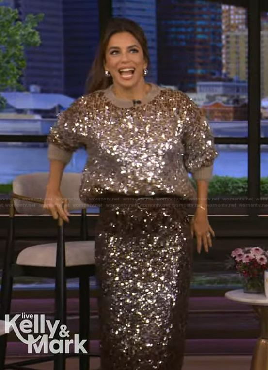 Eva Longoria Baston’s sequin sweater and skirt on Live with Kelly and Mark