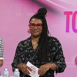 Julee Wilson’s black face print shirt and pants on Today
