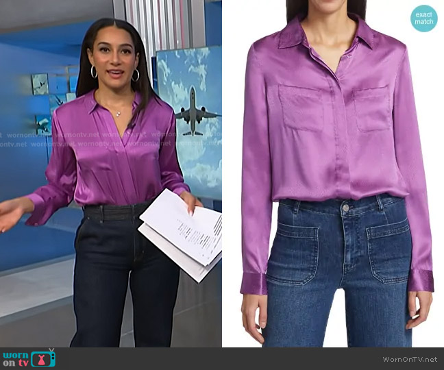 Frame Textured Silk Pocket Shirt in Orchid worn by Morgan Radford on NBC News Daily