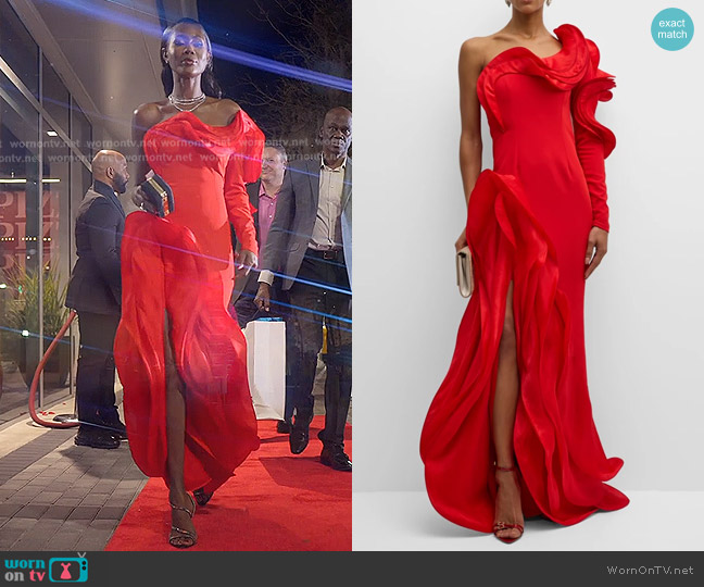 Gaurav Gupt Ruffle One-Shoulder Side-Slit Evening Gown worn by Kiki Barth (Kiki Barth) on The Real Housewives of Miami