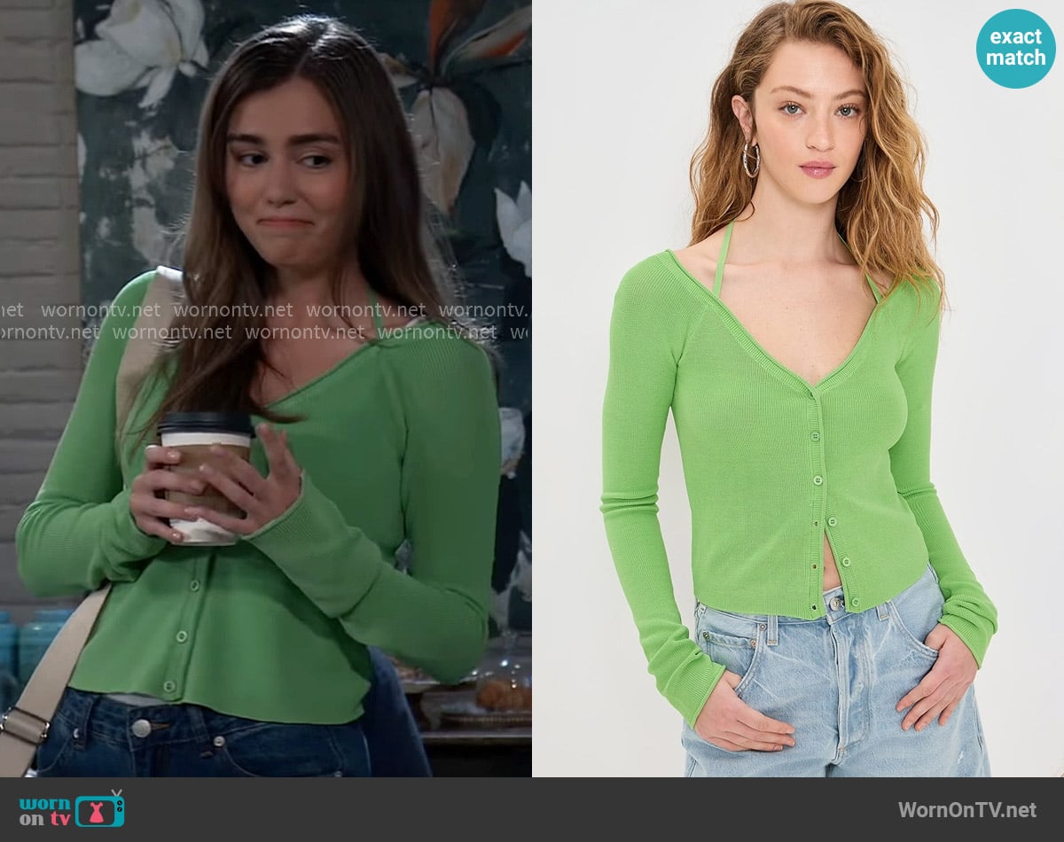 Good American Stretch Rib Knit Off Shoulder Top in Lime worn by Emma Scorpio-Drake (Braedyn Bruner) on General Hospital