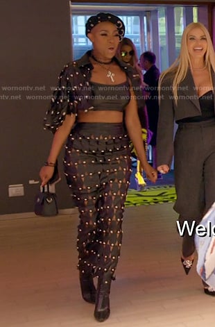 Guerdy’s black studded leather jacket and skirt on The Real Housewives of Miami