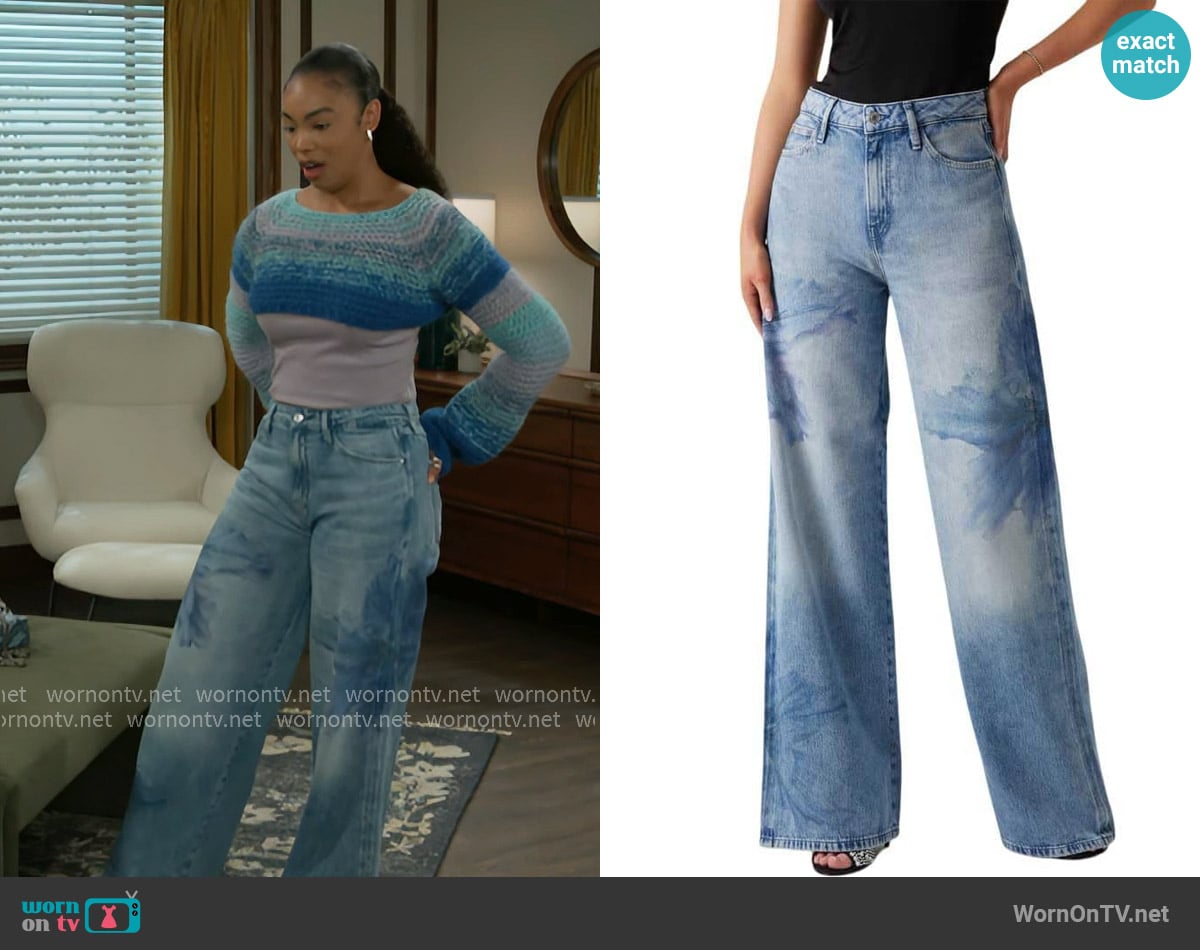 Guess Eco Bellflower Jeans in Painted Blossom worn by Chelsea Hamilton (RhonniRose Mantilla) on Beyond the Gates