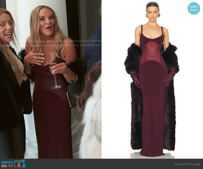 Helsa Sheer Knit Curve Maxi Dress in Merlot worn by Heather Gay on The Real Housewives of Salt Lake City
