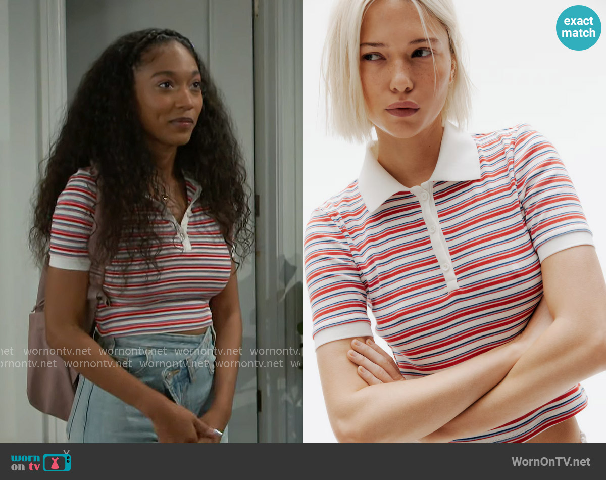 WornOnTV Samantha’s red striped polo top and asymmetric jeans on