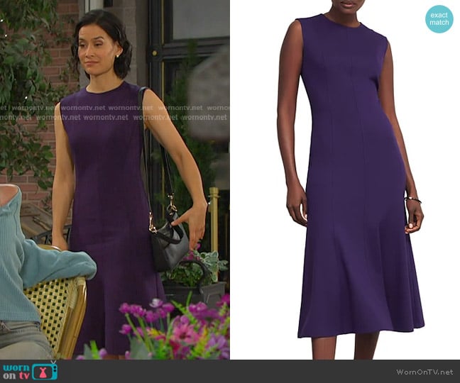 Hobbs Davina Ponte Dress in Grape Purple worn by Amy Choi (Shi Ne Nielson) on Days of our Lives