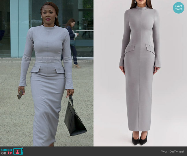 House of CB Marie Louise Mock Neck Long Sleeve Maxi Dress in Light Grey Melange worn by Jax Stewart (Emayatzy Corinealdi) on Reasonable Doubt
