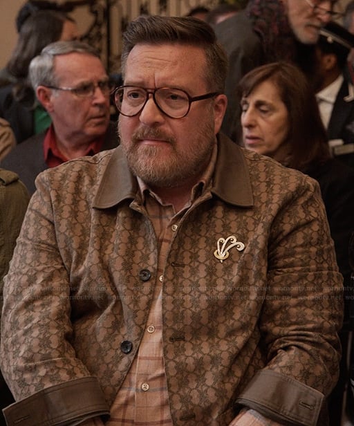 Howard’s khaki printed jacket on Only Murders in the Building