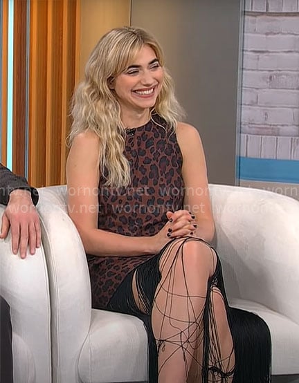 Imogen Poots’s fringed leopard print dress on CBS Mornings