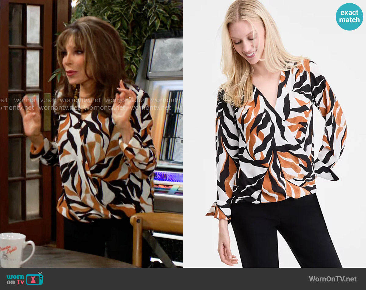 INC International Concepts Printed Surplice Blouse in Mira Palm worn by Esther Valentine (Kate Linder) on The Young and the Restless