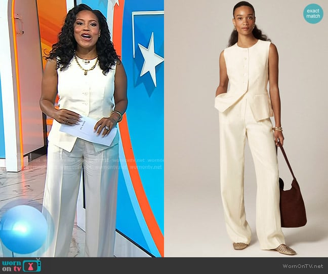 J. Crew Essential Cutaway Vest Top in Textured Satin Ivory Lace worn by Sheinelle Jones on Today