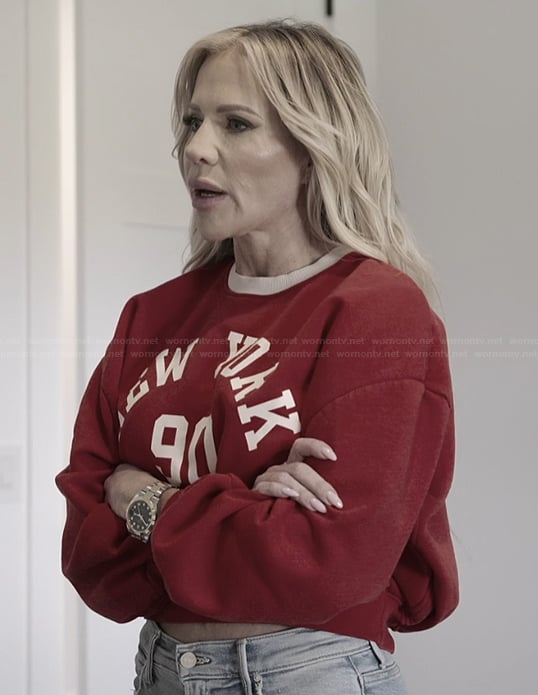 Jennifer’s red sweatshirt and jeans on The Real Housewives of Orange County