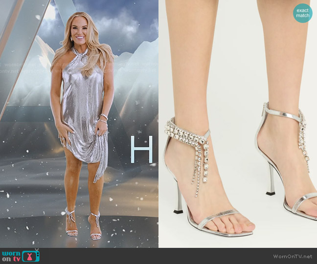 Jimmy Choo Verity Metallic Leather Crystal-Cuff Sandals worn by Heather Gay on The Real Housewives of Salt Lake City