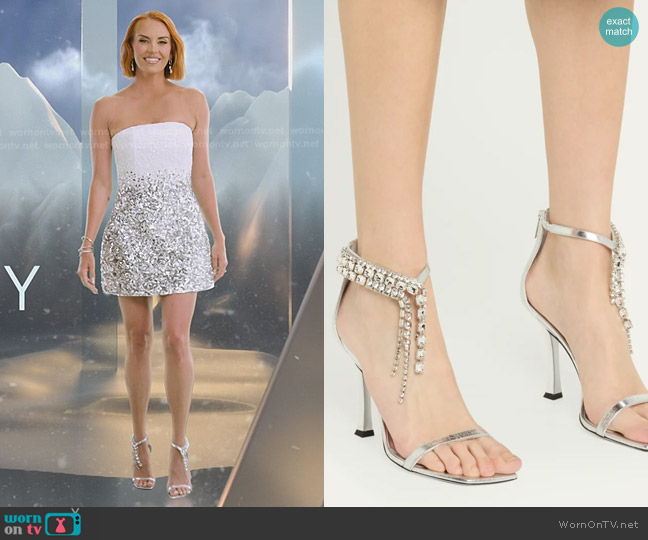 Jimmy Choo Verity Metallic Leather Crystal-Cuff Sandals worn by Whitney Rose on The Real Housewives of Salt Lake City