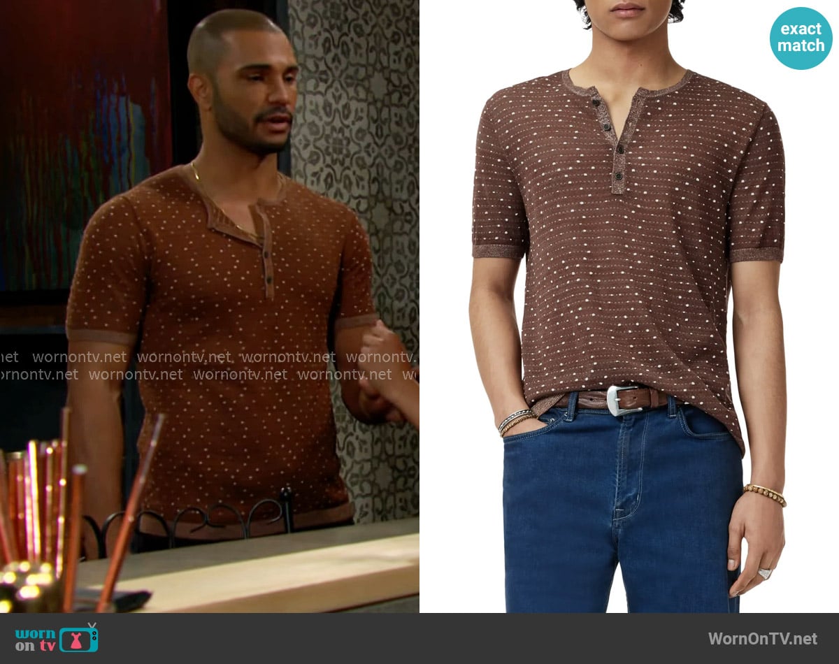 John Varvatos Cabras Henley in Hazlenut worn by Holden Novak (Nathan Owens) on The Young and the Restless