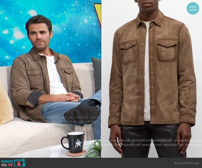 John Varvatos Izzy Suede Shirt Jacket worn by Paul Wesley on Access Hollywood