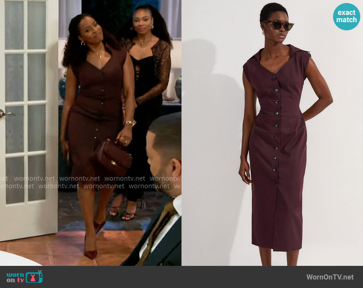 Karen Millen Pinstripe Corseted Tailored Pencil Midi Dress worn by Naomi Hamilton Hawthorne (Arielle Prepetit) on Beyond the Gates