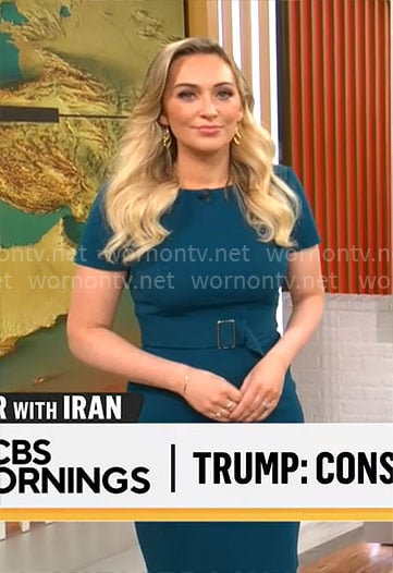 Kelly O’Grady’s teal short sleeve dress on CBS Mornings