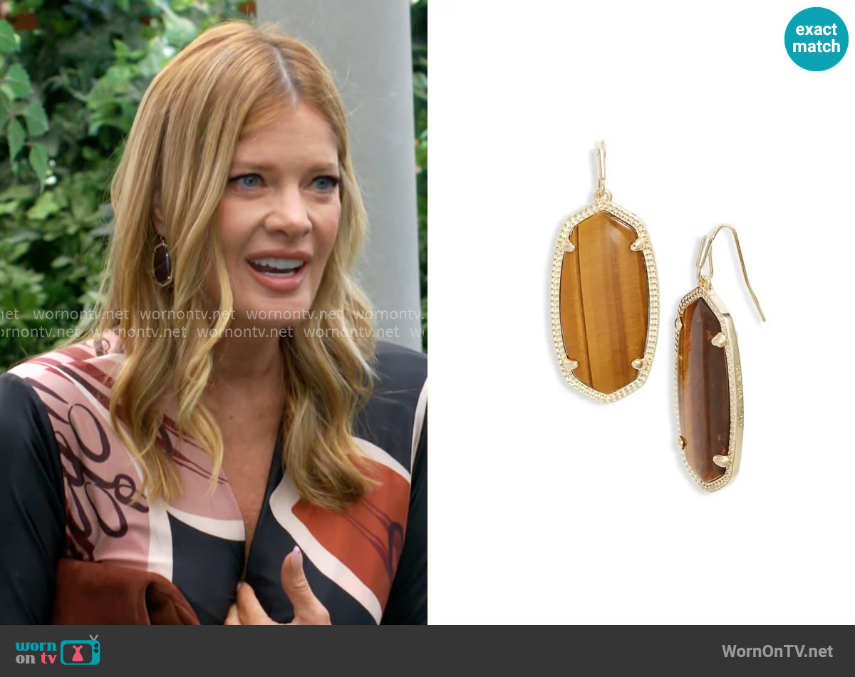Kendra Scott Elle Earrings in Brown Tigers Eye/ Gold worn by Phyllis Summers (Michelle Stafford) on The Young and the Restless